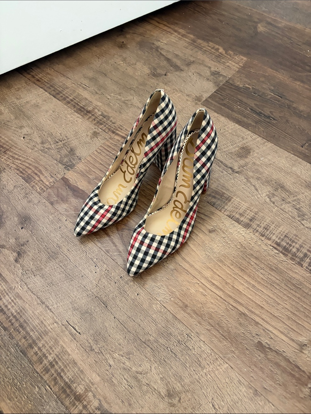 Sam Edelman Plaid Pointed Toe Pumps - Black, White & Red